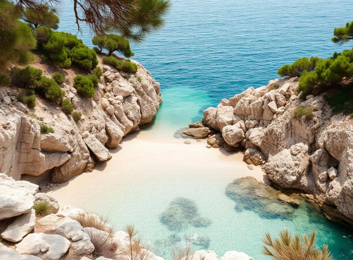 Felsige Bucht mit klarem Wasser und Pinien bei Capo Vaticano (Stimmungsbild)