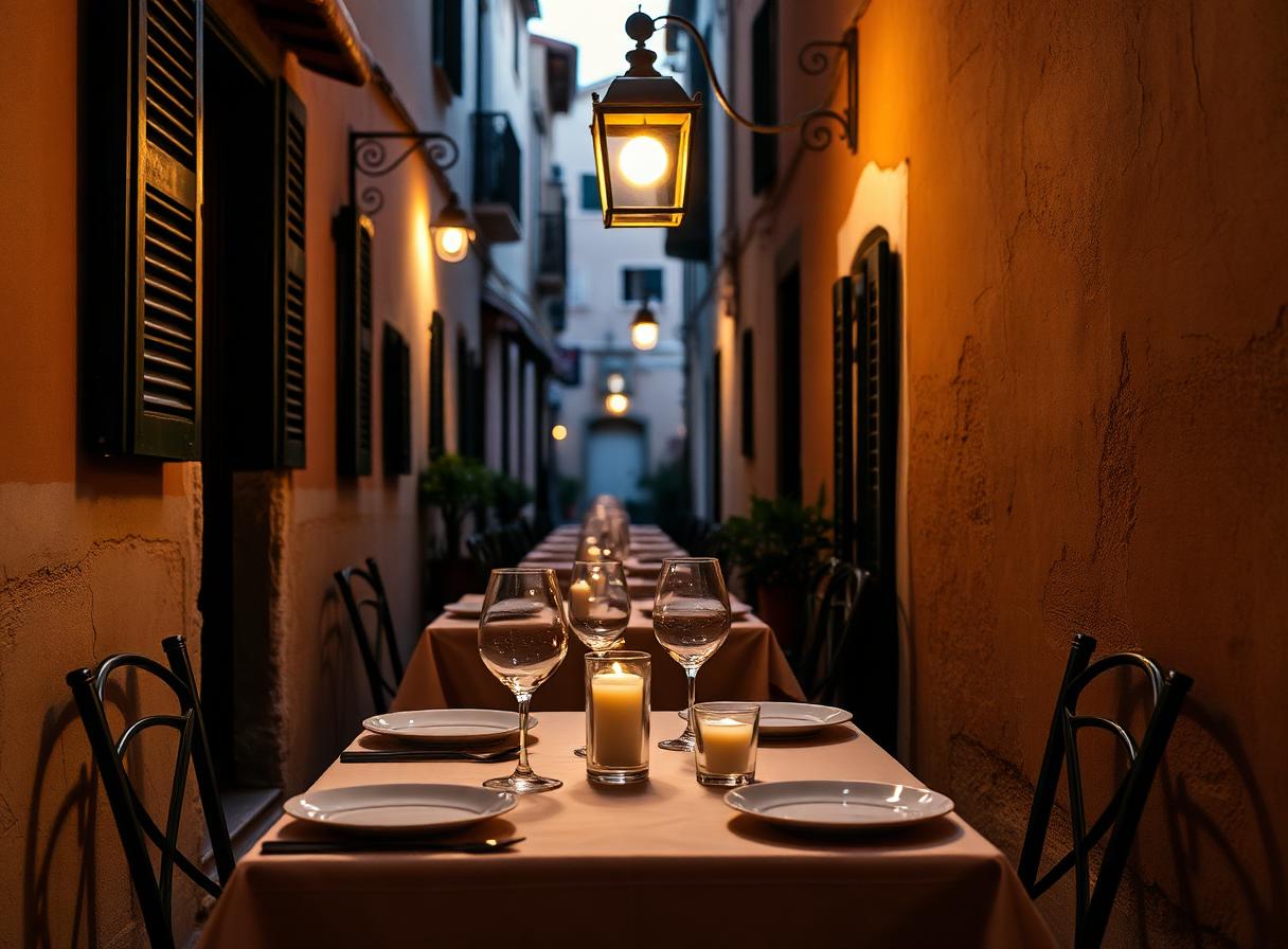 Stimmungsbild zu einem Abendessen in einer Gasse in Süditalien