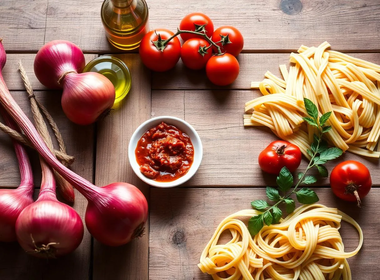 Zutaten der süditalienischen Küche: rote Zwiebeln, Tomaten, Olivenöl, Pasta (Stimmungsbild)