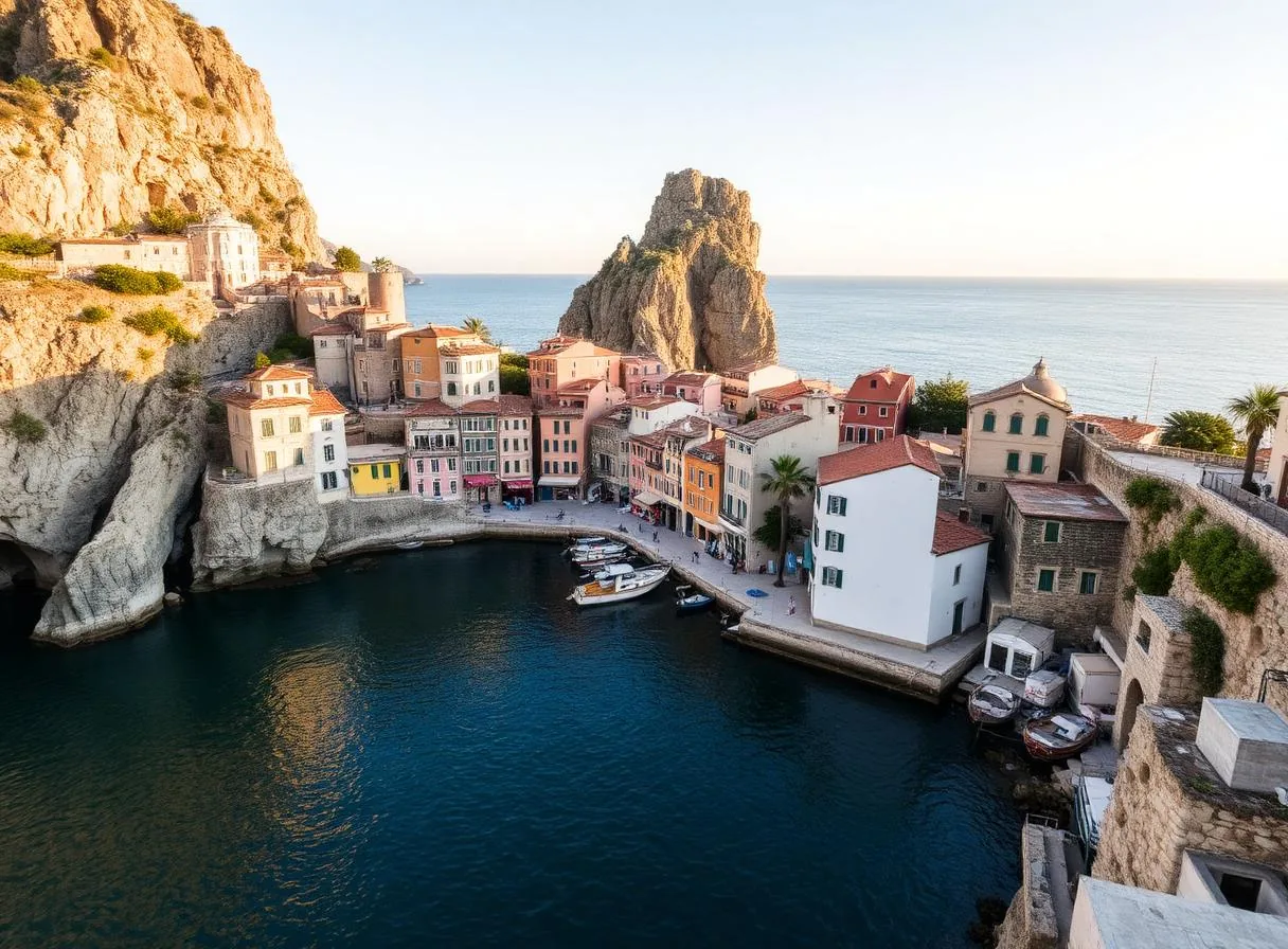 Küstenort an der italienischen Mittelmeerküste mit Häusern am Wasser (Stimmungsbild)