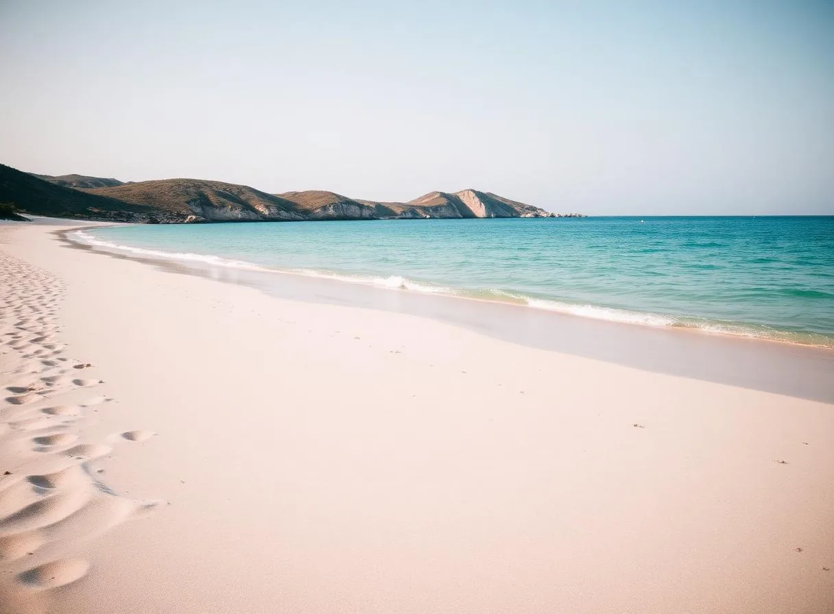 Ruhiger Sandstrand mit türkisem Meer in Süditalien (Stimmungsbild)
